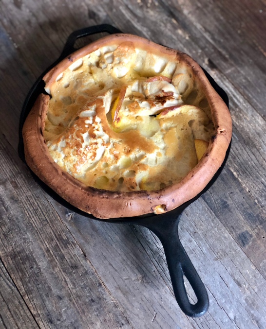 Peach Brandy Puff Baby (Dutch Baby) right out of the oven